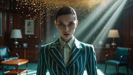Intense portrait of a determined woman in a classic pinstriped suit, illuminated by ethereal golden particles and dramatic light rays in an opulent office.