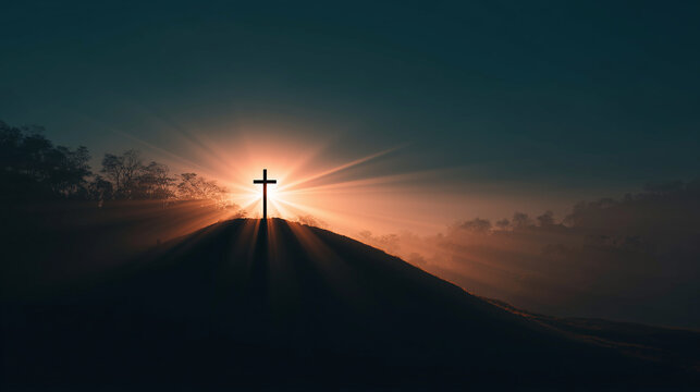 Minimal silhouette of a cross on a hill at sunrise, dramatic God-light beams, soft atmospheric haze, peaceful spiritual mood, empty space for sermon text, ultra realistic lighting 