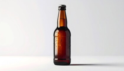 Cold amber beer bottle with condensation droplets