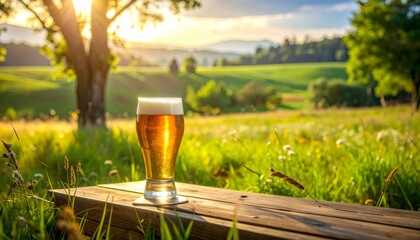 Refreshing beer glass on wooden bench at sunset