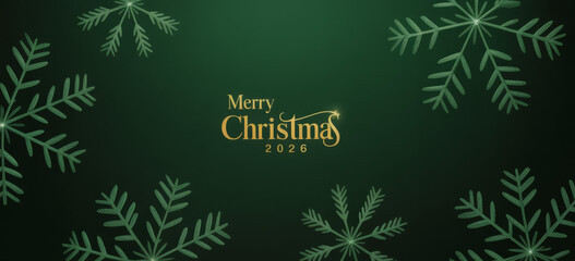 Merry Christmas 2026 text on a dark green background with glittering snowflake design. Festive winter holiday celebration.