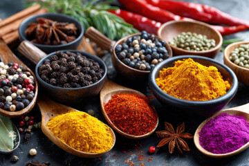 Colorful spices and herbs in bowls and spoons