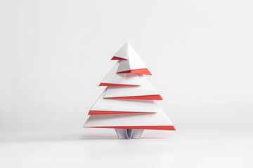 A minimalist white paper cut in a stepped, triangular shape to evoke a Christmas tree, with a striking red background showing through the cuts, for Christmas celebration or simple winter themes.