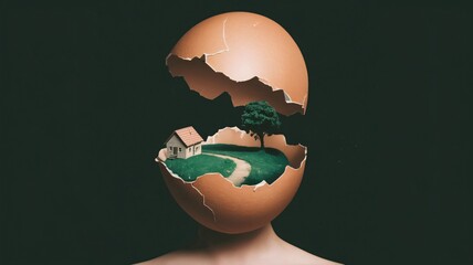Surreal illustration of cracked egghead revealing miniature home landscape