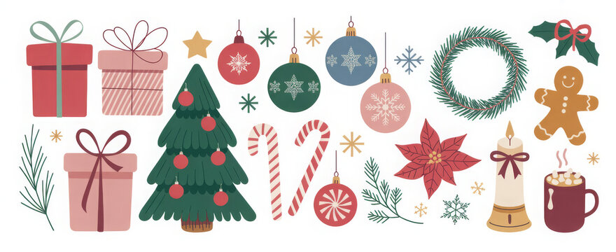 Christmas hand drawn cute vintage doodle elements. Christmas tree, gift, star, bows, candy cane, baubles, cacao, confetti, snowflake, holly. Holiday retro decorations. Vector illustration. - Powered by Adobe