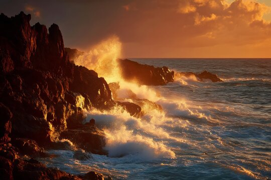 Ocean waves crashing against rocky cliffs during a vibrant sunset with an orange sky and clouds above