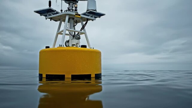 A yellow buoy mounted with electronic devices and solar panels floats on water beneath a cloudy sky