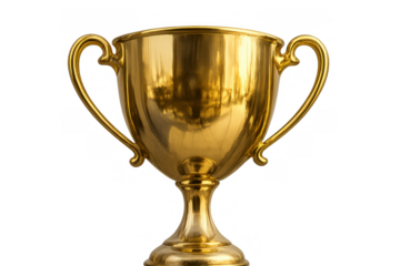 Golden trophy symbolizing success, victory, achievement, and winning a competition, with a transparent background