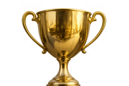 Golden trophy symbolizing success, victory, achievement, and winning a competition, with a transparent background