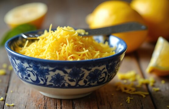 Close up photo of lemon zest in a decorative bowl with fresh lemons around. Bright yellow zest and citrus fruit on rustic wooden table. Ingredient for meal preparation and culinary themes.