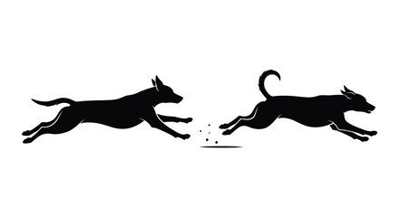 Two black silhouettes of dogs running and playing dynamic action pose