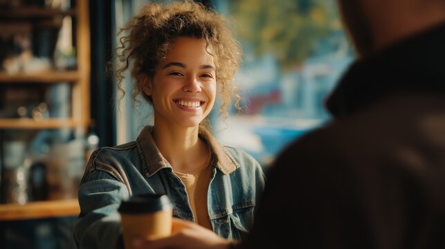 Smiling barista serves coffee to a customer in a cozy cafe