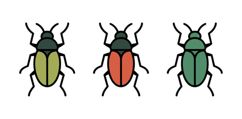Three colorful beetles are lined up in a row on a white background.