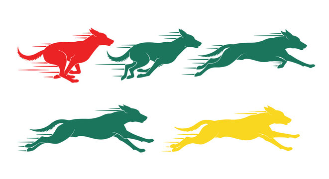 Colorful running dogs illustration with speed lines and vibrant modern design
