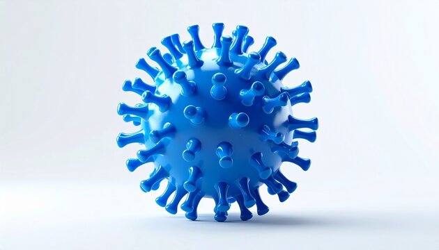 Blue virus-like sphere with protrusions on white background