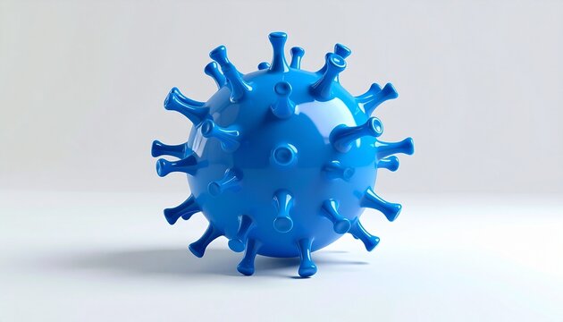 Blue virus-like sphere with protrusions on white background