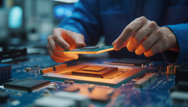Technician holds processor above circuit board. Man works in tech laboratory with motherboard, microchips. Engineer checks hardware, tests computer electronics for performance, quality. Server 