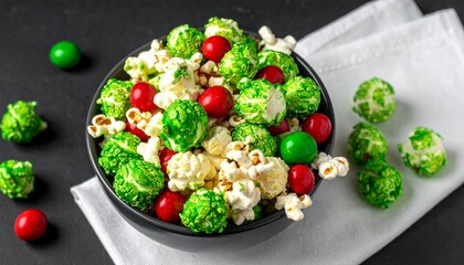 Festive bowl of red and green candied popcorn and chocolates on dark surface