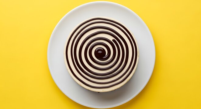 Top down view of a round dessert with a hypnotic chocolate spiral pattern on a white plate against a vibrant yellow background.