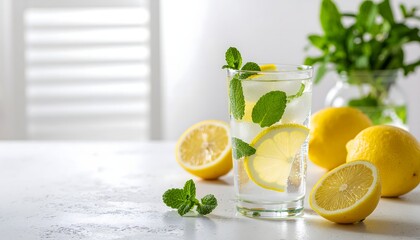Glass of cold detox water with citrus slices and ice cubes on marble high resolution photo