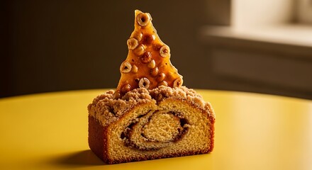 A slice of cinnamon roll bread topped with a caramel and nut spire on a yellow table.