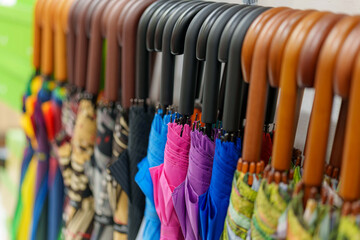 Row of vibrant umbrellas ready for a rainy day in the Market District display various colors and patterns
