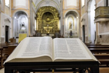 View of an open book in the foreground leads the eye to the ornate gold altar and soft pastel hues of a church interior, Obidos, Leiria District, Portugal.