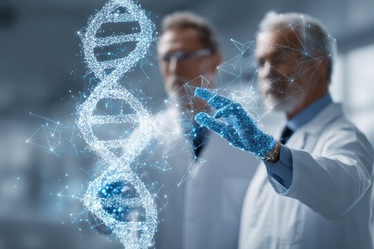 Physician And Patient Examine A Holographic Dna Model, - Powered by Adobe