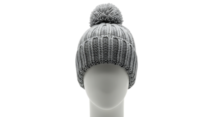 Gray knitted beanie with a pom-pom on a white mannequin head, cutout, PNG isolated on white or transparent background