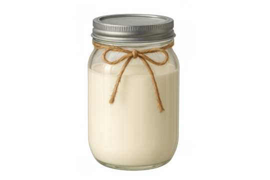 Mason jar of fresh milk with a twine bow, indicating natural dairy product, healthy rustic breakfast drink on transparent background