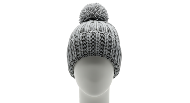 Gray knitted beanie with a pom-pom on a white mannequin head, cutout, PNG isolated on white or transparent background