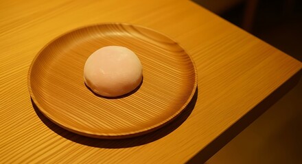 A single pink Japanese mochi dessert served on a round wooden plate on a matching wooden table.