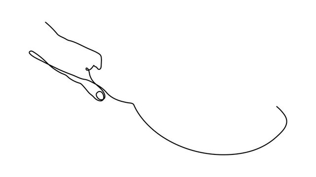 Hand holds frying pan one line aranimation, hand-drawn  kitchenware continuous drawing contour motion. Non-stick cookware, chef's palm cooking utensils food preparation home-cooked cuisine