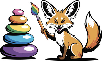 Cute cartoon fennec fox holding colorful paintbrush beside rainbow stone stack, creative artistic animal illustration for kids, playful vibrant design