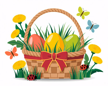 Fototapeta Delightful Easter basket overflowing with colorful eggs, dandelions, and fluttering butterflies - perfect for spring promotions and cheerful designs