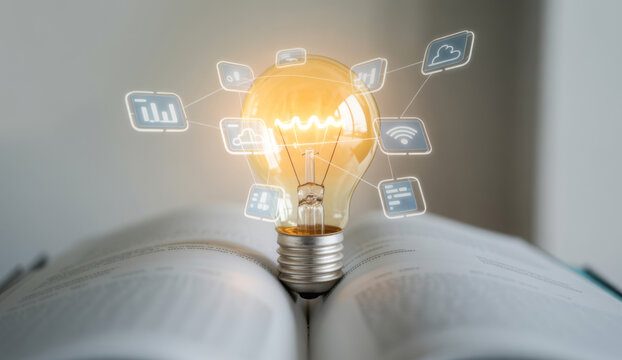 A striking image of a light bulb representing innovation is set on an open book, showcasing the fusion of technology and knowledge with various connected icons. Tessel - Powered by Adobe