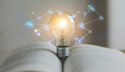 A striking image of a light bulb representing innovation is set on an open book, showcasing the fusion of technology and knowledge with various connected icons. Tessel 