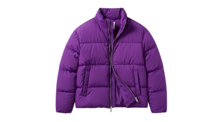 Puffy Winter Jacket with Zipper and Pockets in Vibrant Purple, cutout, PNG isolated on white or transparent background
