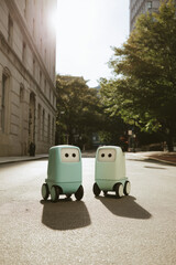in safe neighborhood robotic nannies guide children along cheerful routes on sunny day