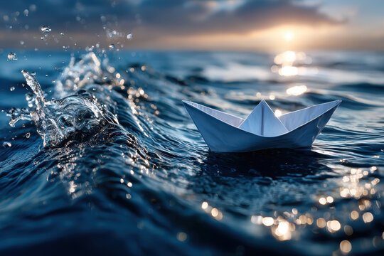 Small paper boat drifts on calm water at sunset against a cloudy sky
