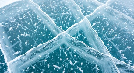 Natural frozen blue ice crystals form a cold winter texture pattern on a frosted window glass surface