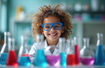 Young scientist kid experiments in laboratory. Child wears glasses smiles surrounded colorful liquids in beakers. Focus on curiosity, learning, scientific discovery. Inspiring image for education