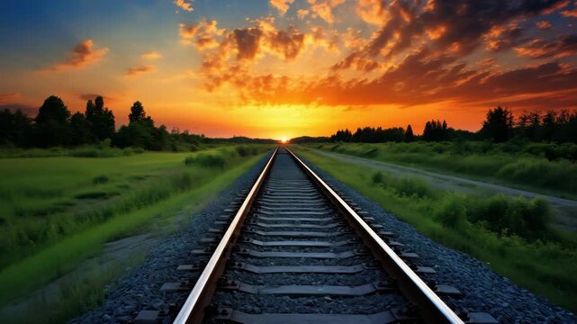railway tracks in summer landscape at sunset animation