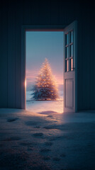 Christmas New Year Snowy Room with Open Door Revealing Christmas Tree Vertical Concept