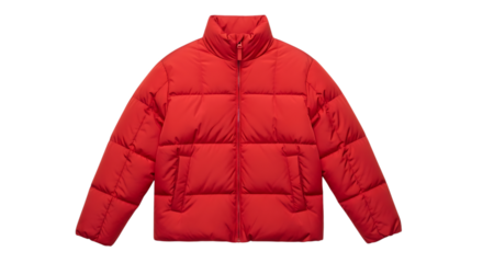 Bright red puffer jacket with a high collar and zippered front closure, cutout, PNG isolated on white or transparent background