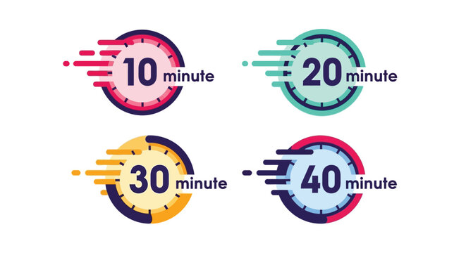 Colorful clock icons representing ten twenty thirty and forty minute timers