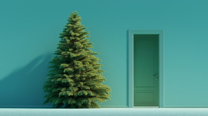 Christmas New Year Winter Scene with Pine Tree Behind an Open Door