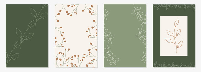 Minimal Botanical Line Art Background Set in Green and Beige