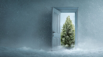 Christmas New Year Winter Scene with Pine Tree Behind an Open Door