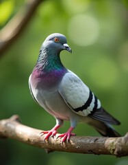 Fototapeta premium Pigeon sits on branch against smooth green background. Bird has colorful neck feathers. Grey dove relaxes in nature, perched. Wild pigeon on a sunny day outdoors is ready to fly.